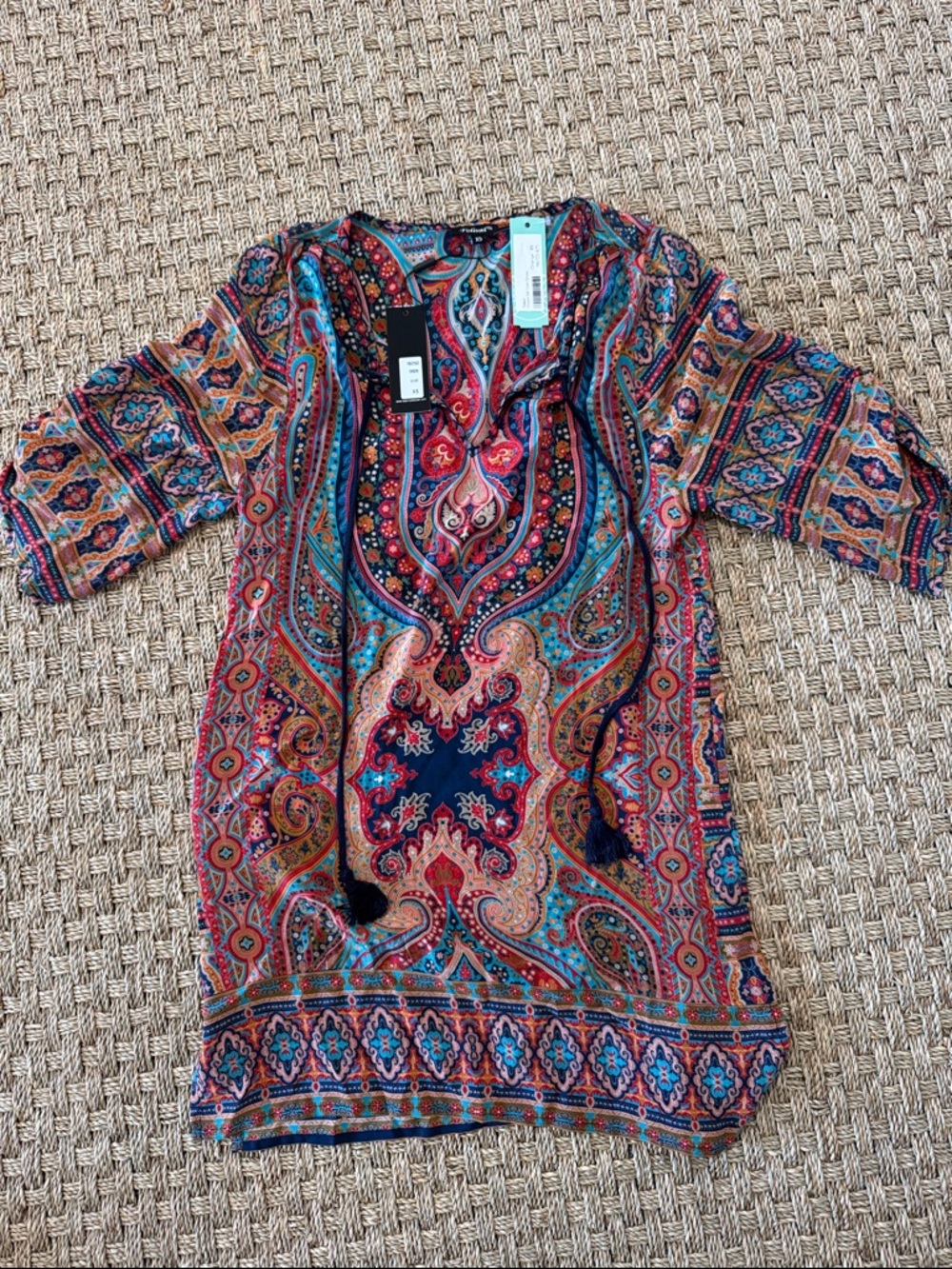 Tolani Teal and Coral Paisley V-Neck Tunic